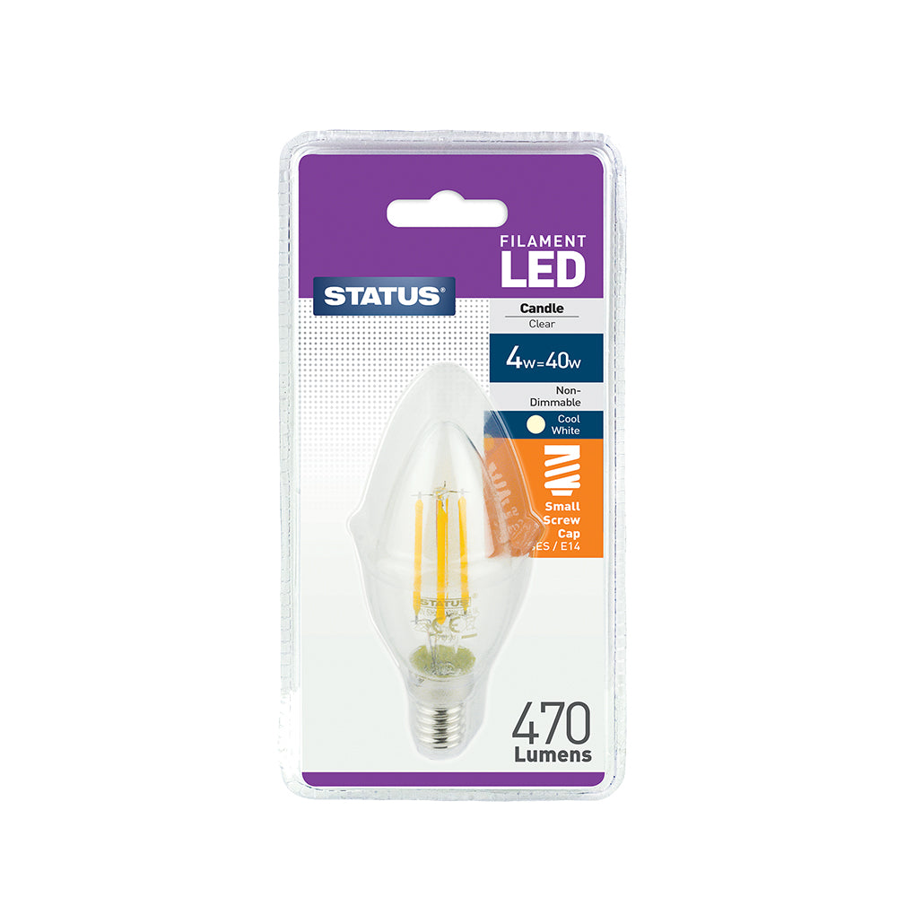 4w = 40w = 470 lumens -Filament LED - Candle - SES - Clear - Cool White