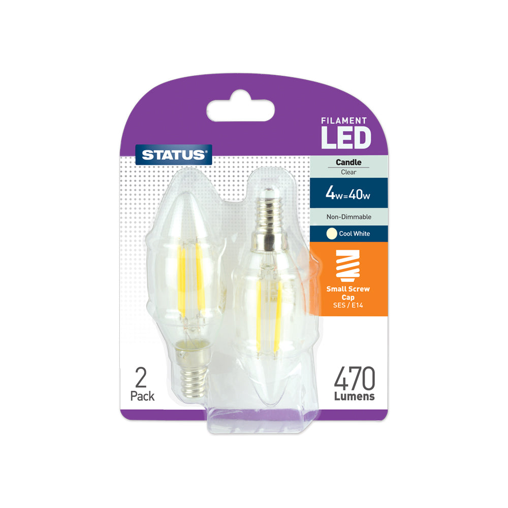 4w = 40w = 470 lumens Filament LED - Candle - SES - Clear - Cool White - 2 pk