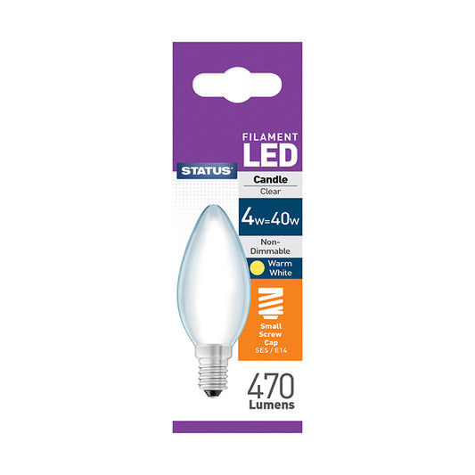 4w = 40w = 470 lumens -Filament LED - Candle -SES - Pearl - Warm White - 1 pk box