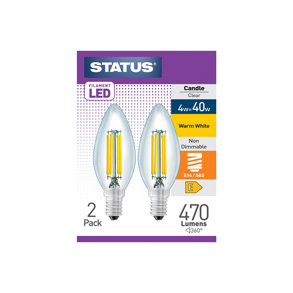 4w = 40w = 470 lumens - Filament LED - Candle - SES - Clear - Warm White - 2 pk box