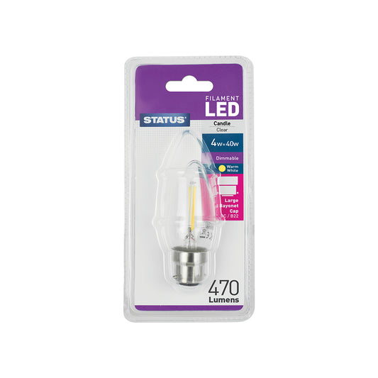 4w = 40w = 470 lumens - Dimmable - Filament LED - Candle - BC - Clear - Warm White - 1 pk