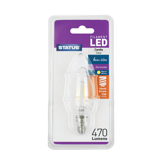 4w = 40w = 470 lumens -Dimmable - Filament LED - Candle - SES - Clear - Warm White