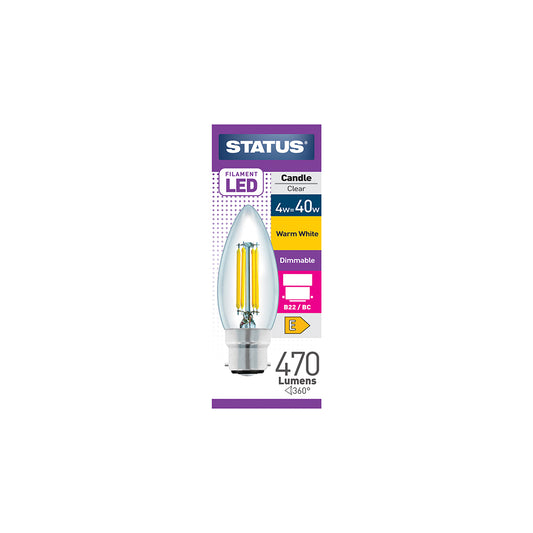 4W = 40W = 470 lumens - Intensité variable - LED à filament - Flamme - BC - Transparent - Blanc chaud - Boîte de 1