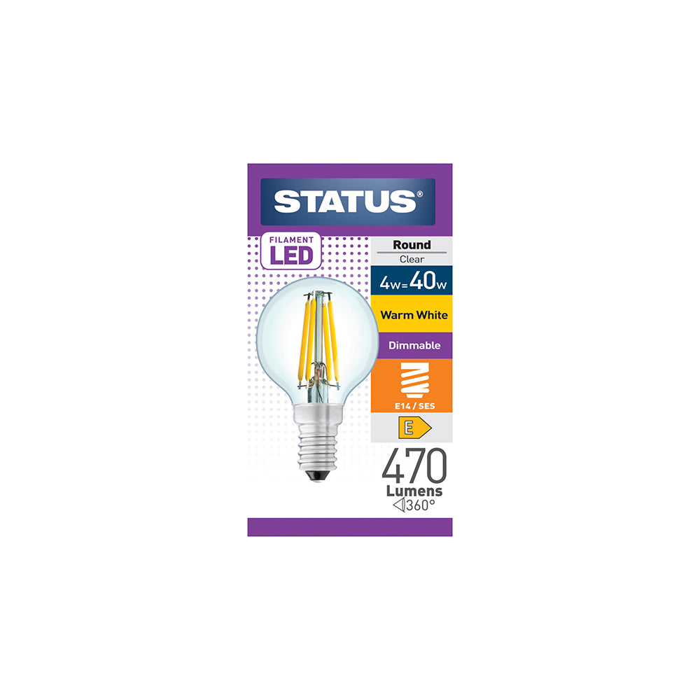 4W = 40W = 470 lumens - Intensité variable - Filament LED - Ronde - Culot E14 - Claire - Blanc chaud - Boîte de 1