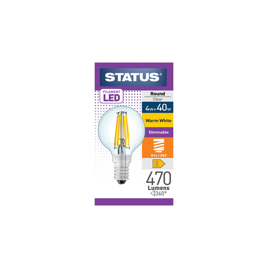4W = 40W = 470 lumens - Intensité variable - Filament LED - Ronde - Culot E14 - Claire - Blanc chaud - Boîte de 1