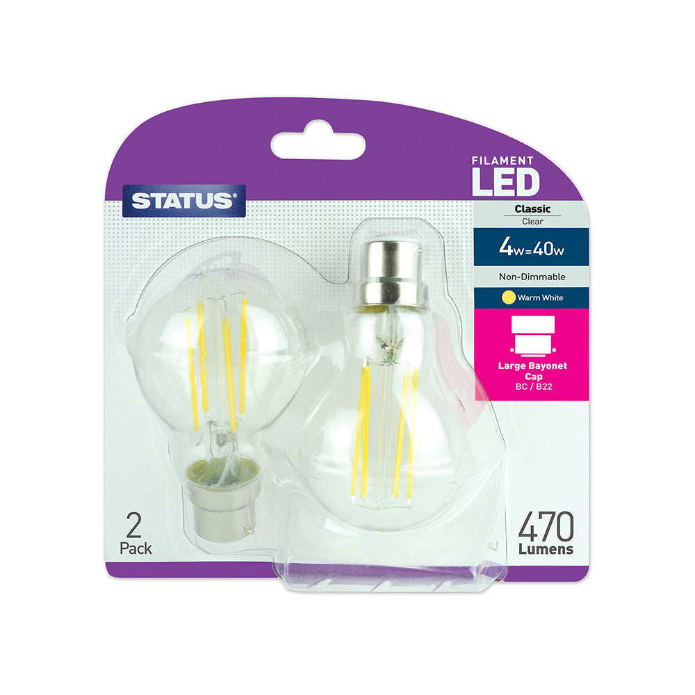 4w = 40w = 470 lumens - Filament LED - A60 GLS - BC - Clear - Warm White - 2 pk