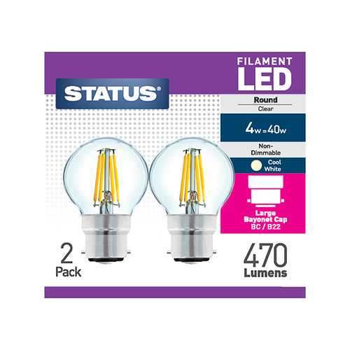 4w = 40w = 470 lumens - Filament LED - Round - BC - Clear - Cool White - 2 pk box