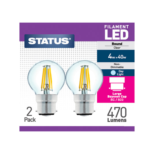 4w = 40w = 470 lumens - Filament LED - Round - BC - Clear - Day Light - 2 pk