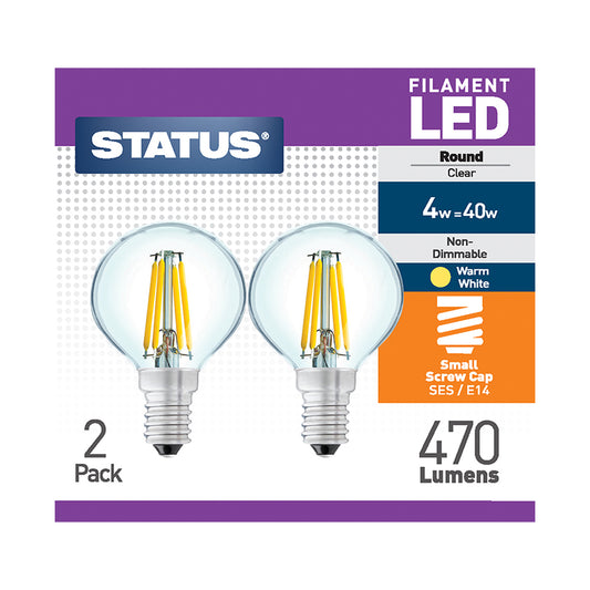 4w = 40w = 470 lumens -Filament LED - Round - SES - Clear - Warm White - 2 pk box