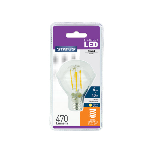 4w = 40w = 470 lumens - Filament LED - Round - SES - Clear - Warm White - 1 pk