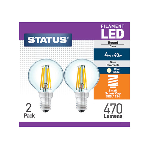 4w = 40w = 470 lumens - Filament LED - Round - SES- Clear - Cool White - 2 pk box
