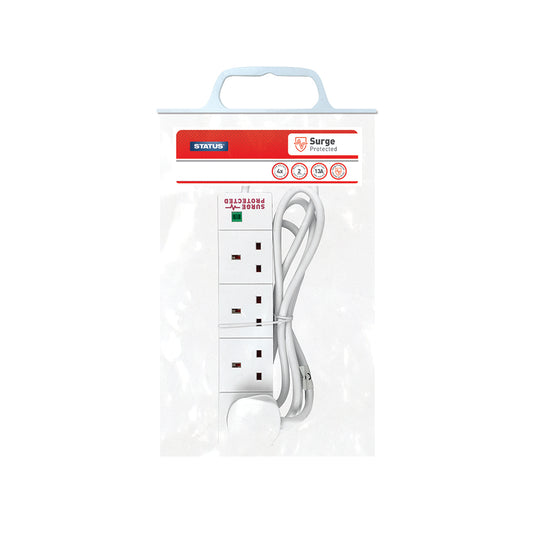 4 way - 2 Mtr - Surge Protected - Extension Socket - White -Neon Indicator - Plug - 1 pk - in Poly Bag with Handle