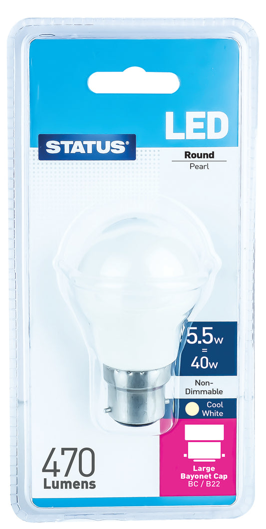 5.5w = 40w = 470 lumens - LED - Round - BC - PA - Pearl - Cool White - 1 pk