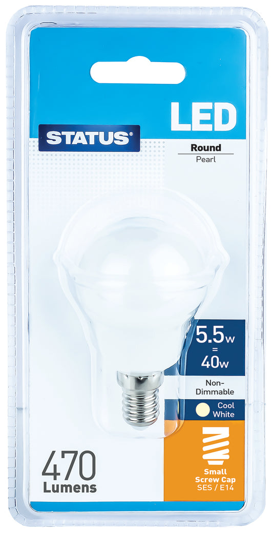 5.5w = 40w = 470 lumens -LED - Round - SES - PA - Pearl - Cool White - 1 pk