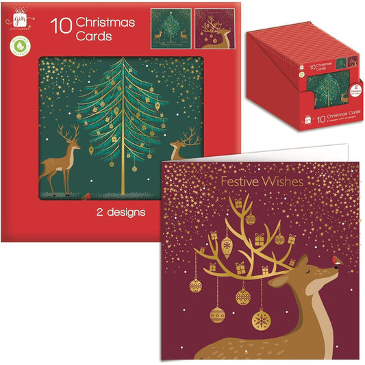 Cartes de Noël carrées Renne contemporain Giftmaker 2 motifs - Paquet de 10