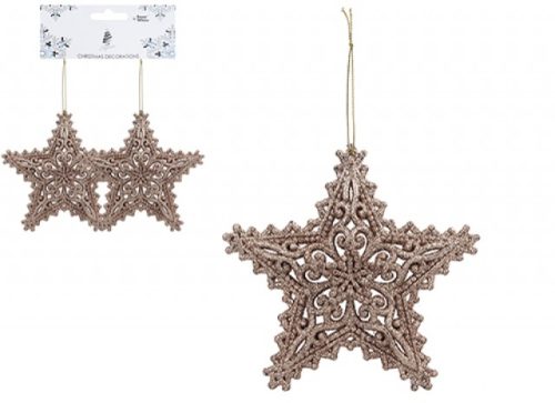 Set Of 2 Hanging Glitter Star Decorations H/card Rose Gold