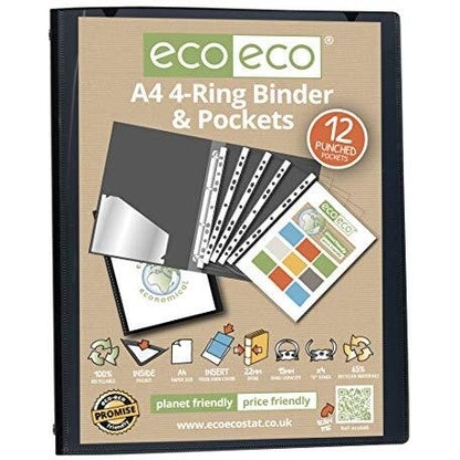 Eco A4 65% Recycled 4-O Rings Presentation Ring Binder with 12 Multi Punched Pockets