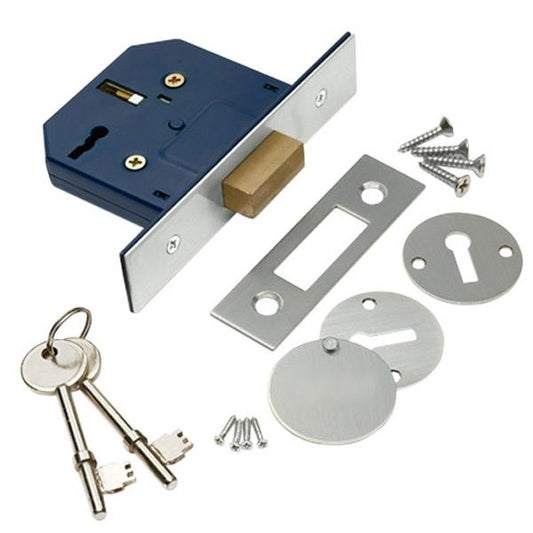 Verrous, 3 leviers, gâches P.C. (2 clés et 2 rosaces incluses) 63 mm (2" 1/2) - Sous blister