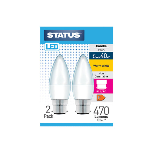 5w = 40w = 470 lumens - LED - Candle - B22 - PA - Pearl - Warm White - 2 pk