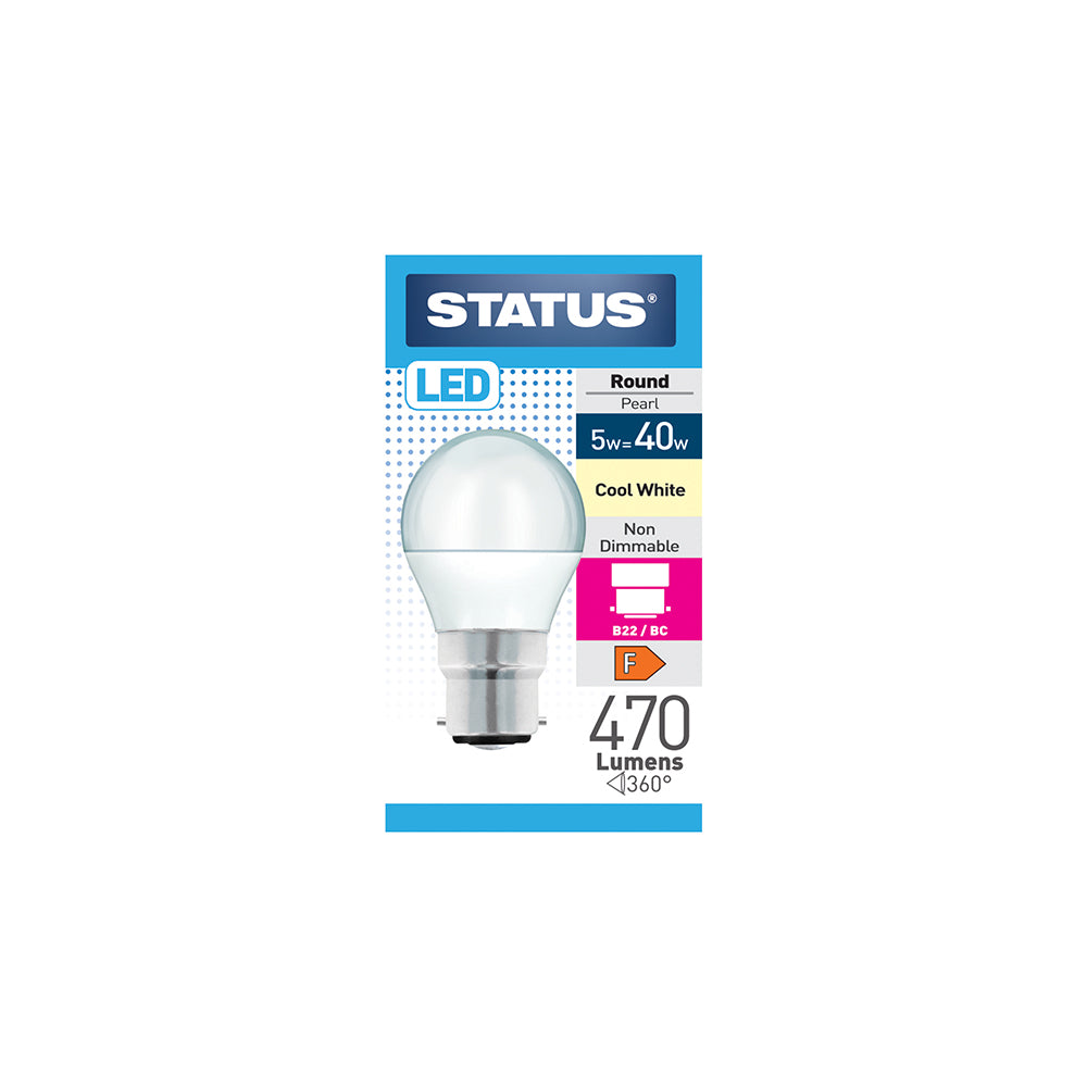 5w = 40w = 470 lumens - LED - Round - B22 - PA - Pearl - Cool White - 1 pk