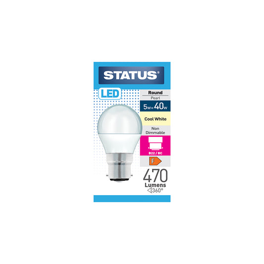 5w = 40w = 470 lumens - LED - Round - B22 - PA - Pearl - Cool White - 1 pk