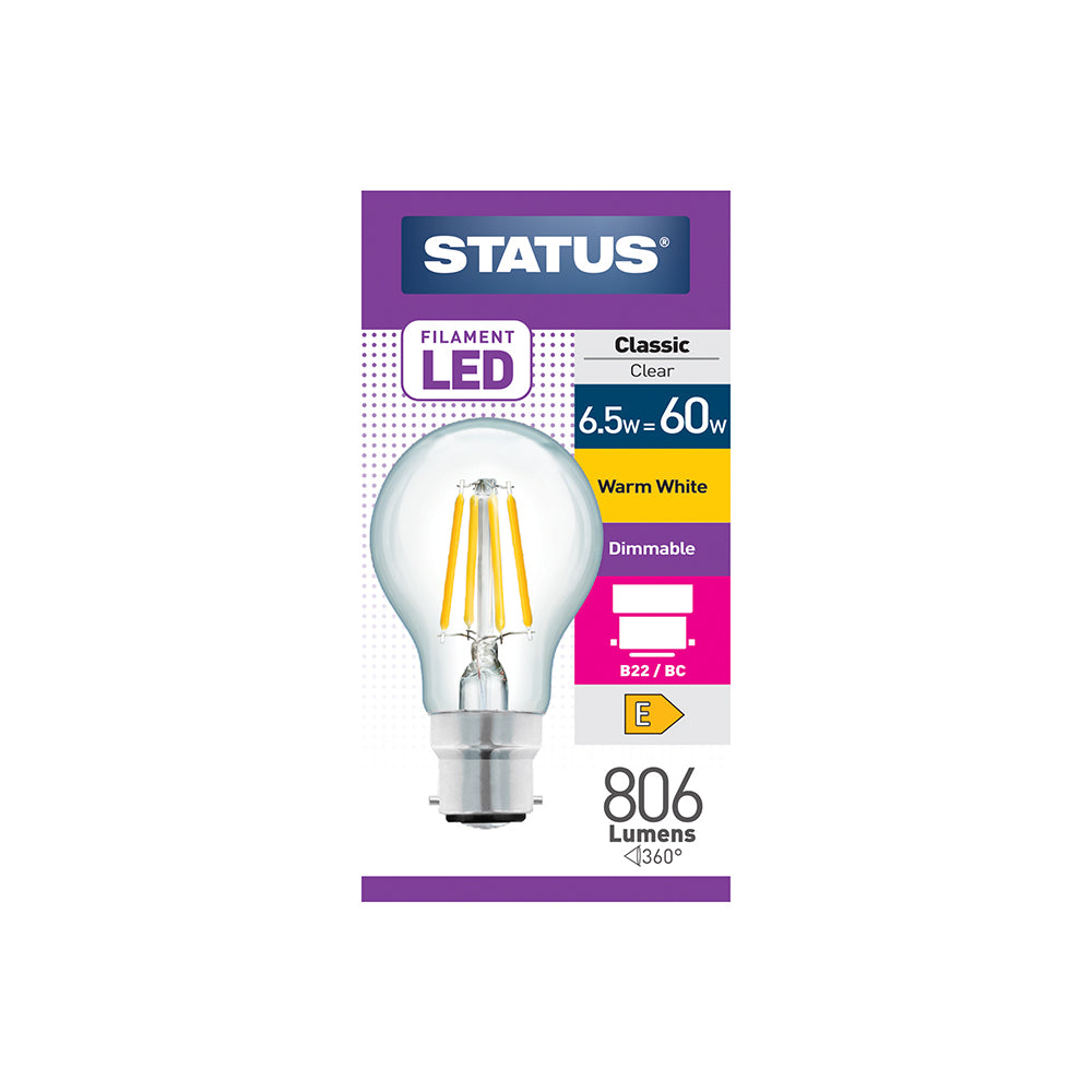 6,5W = 60W = 806 lumens - Intensité variable - LED à filament - GLS - BC - Claire - Blanc chaud