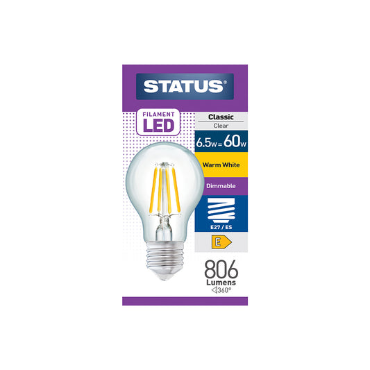 6,5w= 60w = 806 lumens - Dimmable - Filament LED - Standard - E27 - Claire - Blanc Chaud