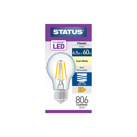 6.5w = 60w = 806 lumens - Filament LED - A60 GLS - ES - Clear - Cool White - 1 pk box