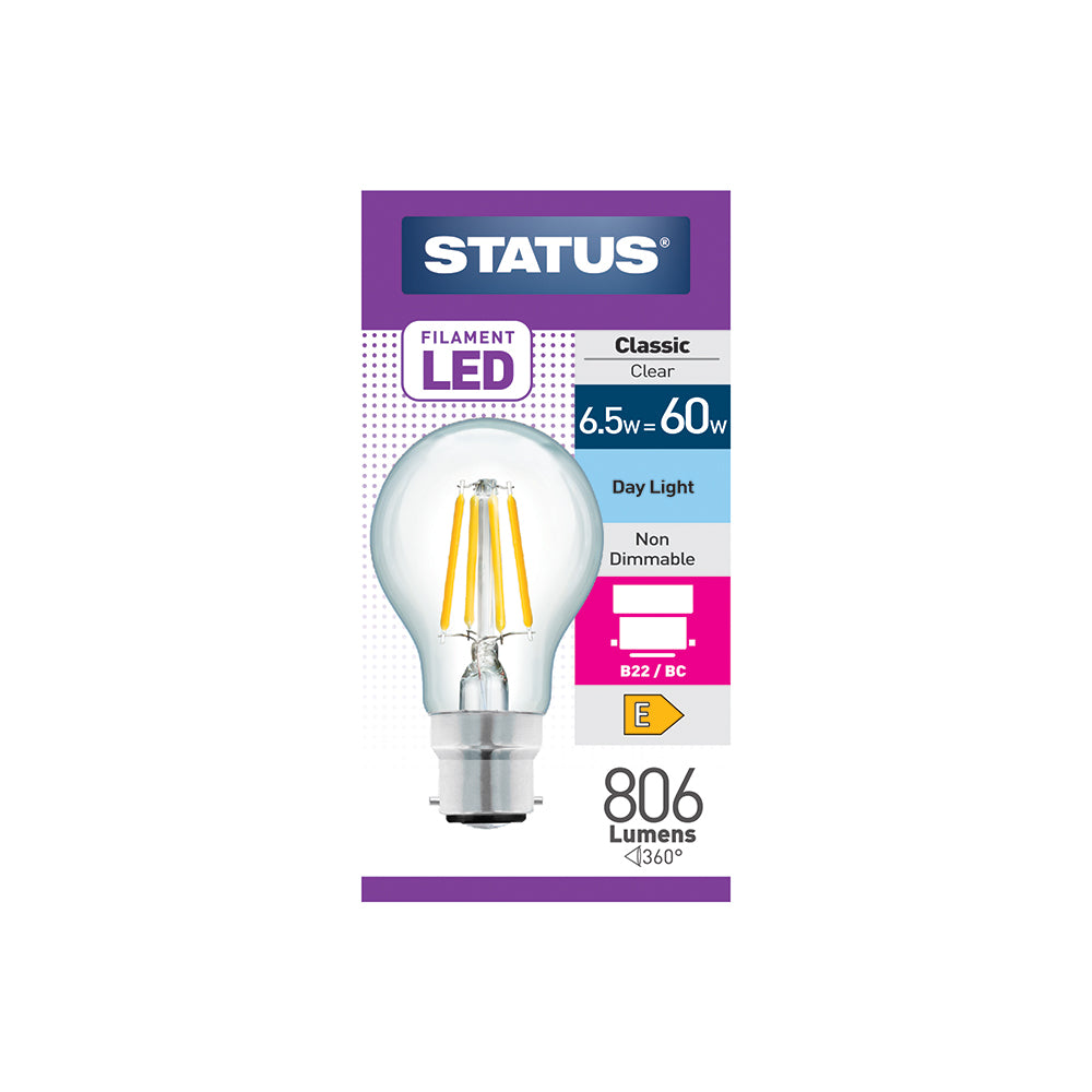 6.5w = 60w = 806 lumens - Filament LED - A55 GLS - BC - Clear - Day Light - 1 pk box
