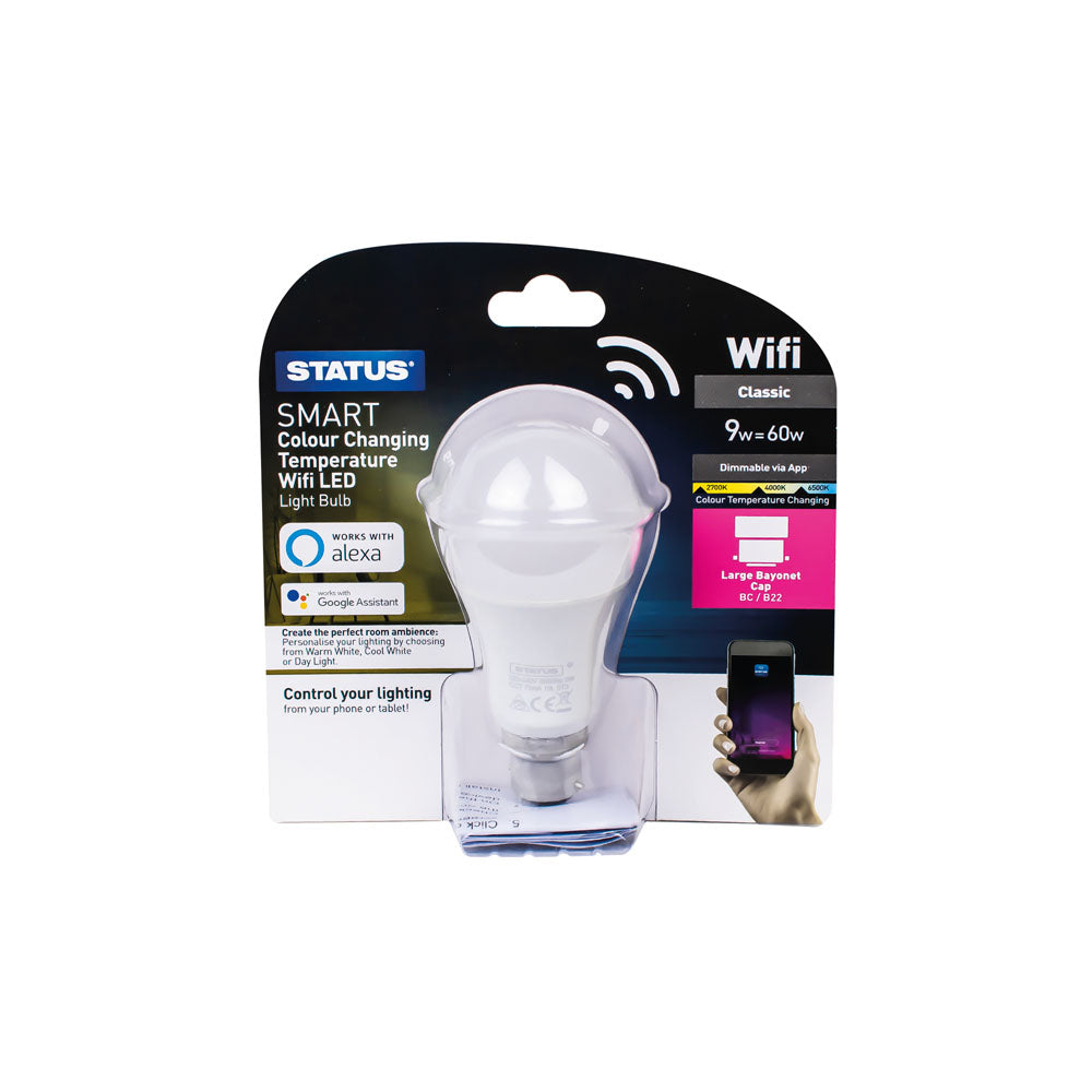 9w = 60w = 806 lumens Smart A60 GLS  BC PA Pearl Colour Changing Temperature