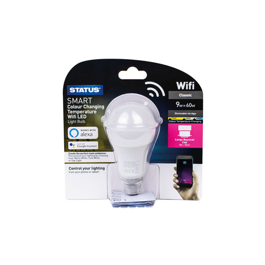 9w = 60w = 806 lumens Smart A60 GLS  BC PA Pearl Colour Changing Temperature