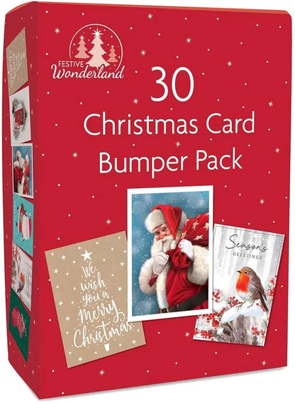 30 Christmas Cards | Xmas Bumper Pack For School, Class Friends, Family & Teachers | Christmas Cards With 6 Festive Designs + Envelopes