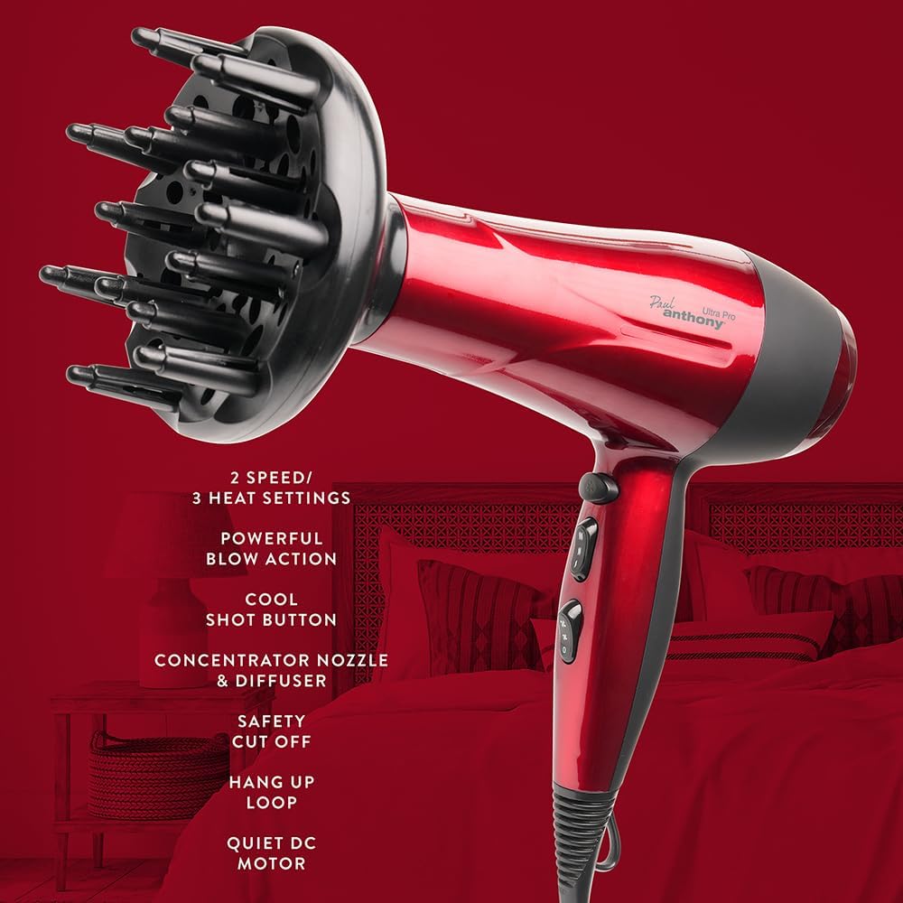 Paul Anthony ''Ultra Pro'' 2200w Hairdryer with Diffuser - Hot Red