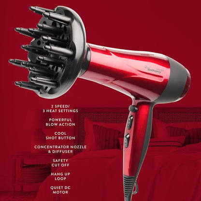 Paul Anthony ''Ultra Pro'' 2200w Hairdryer with Diffuser - Hot Red