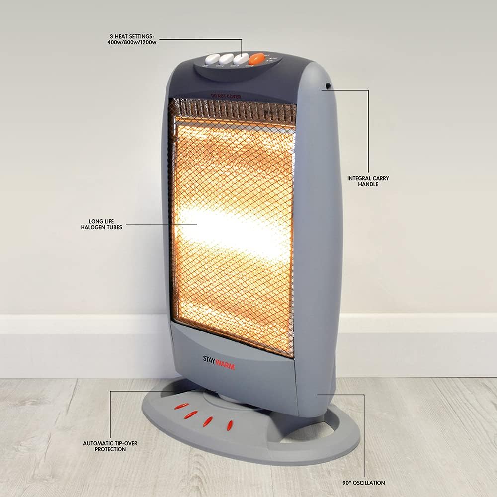 StayWarm 1200w 3 Bar Compact Halogen Heater - Grey