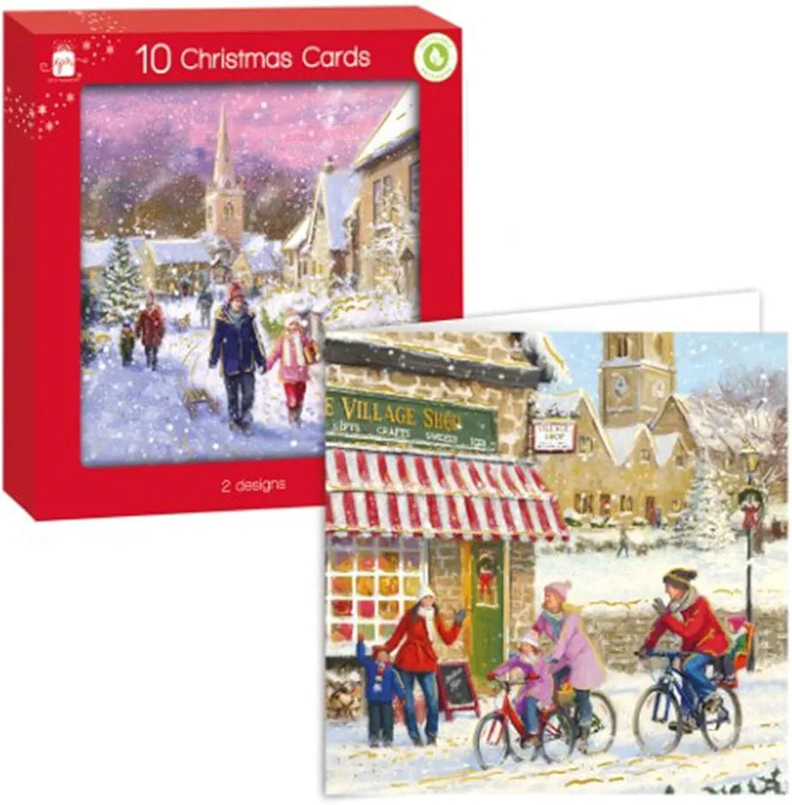 Pack 10 Square Christmas Cards 2 Country Village Designs