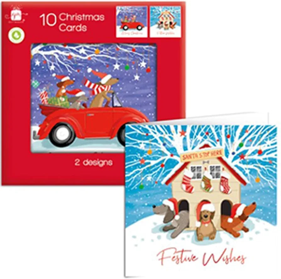 Giftmaker Pack 10 Square Christmas Cards Family Friends 2 Designs Cute Cartoon Dogs