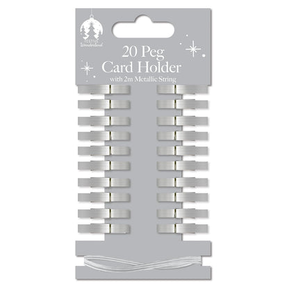 Christmas Card Holder Wooden Pegs & Metallic String Pack Of 20