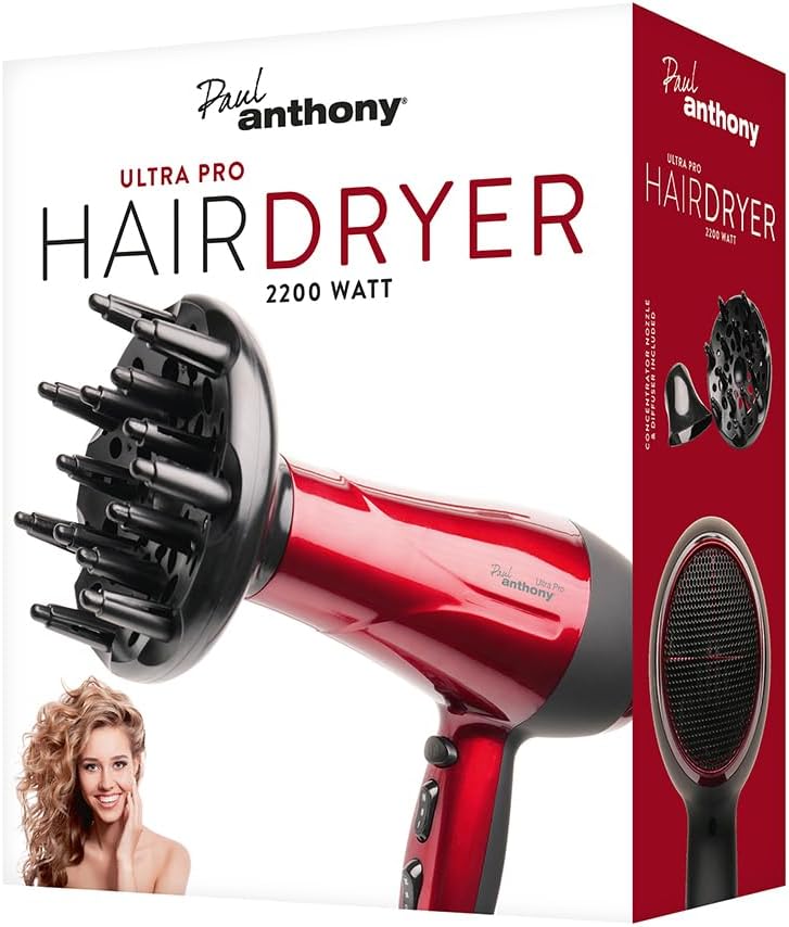 Paul Anthony ''Ultra Pro'' 2200w Hairdryer with Diffuser - Hot Red