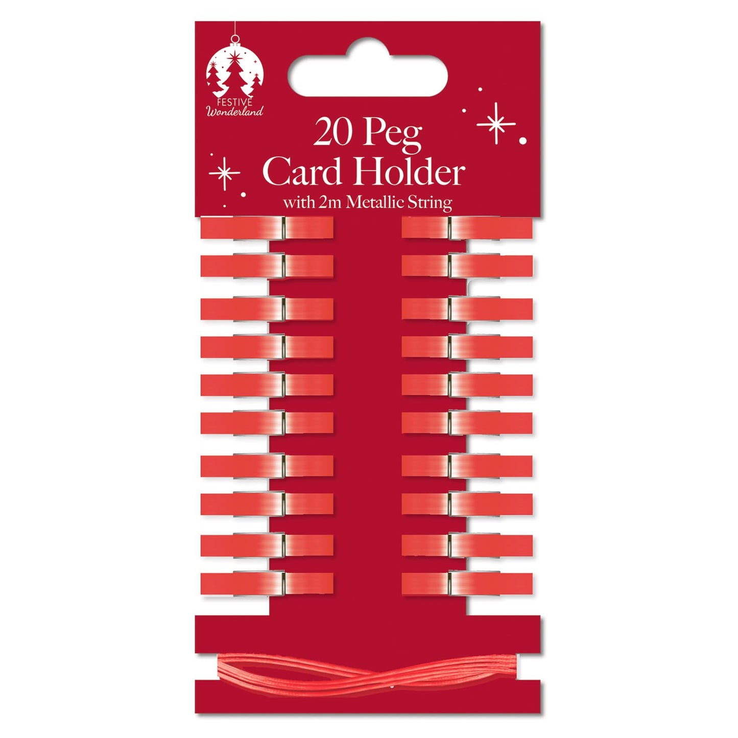 Christmas Card Holder Wooden Pegs & Metallic String Pack Of 20