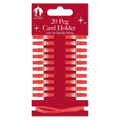 Christmas Card Holder Wooden Pegs & Metallic String Pack Of 20