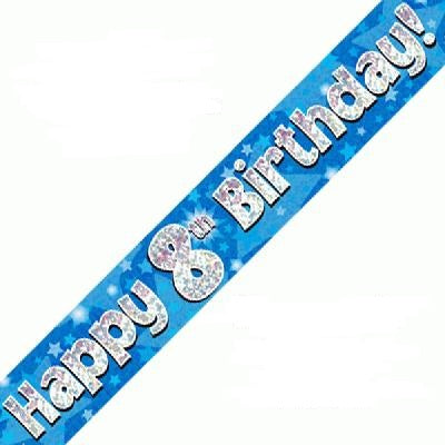 BANDERLE D'ANNIVERSAIRE 8 ANS HOLOGRAPHIQUE BLEUE 2,7 m