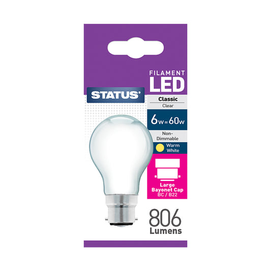 6w = 60w = 806 lumens -  Filament LED - A60 GLS - BC - Pearl - Warm White - 1 pk box