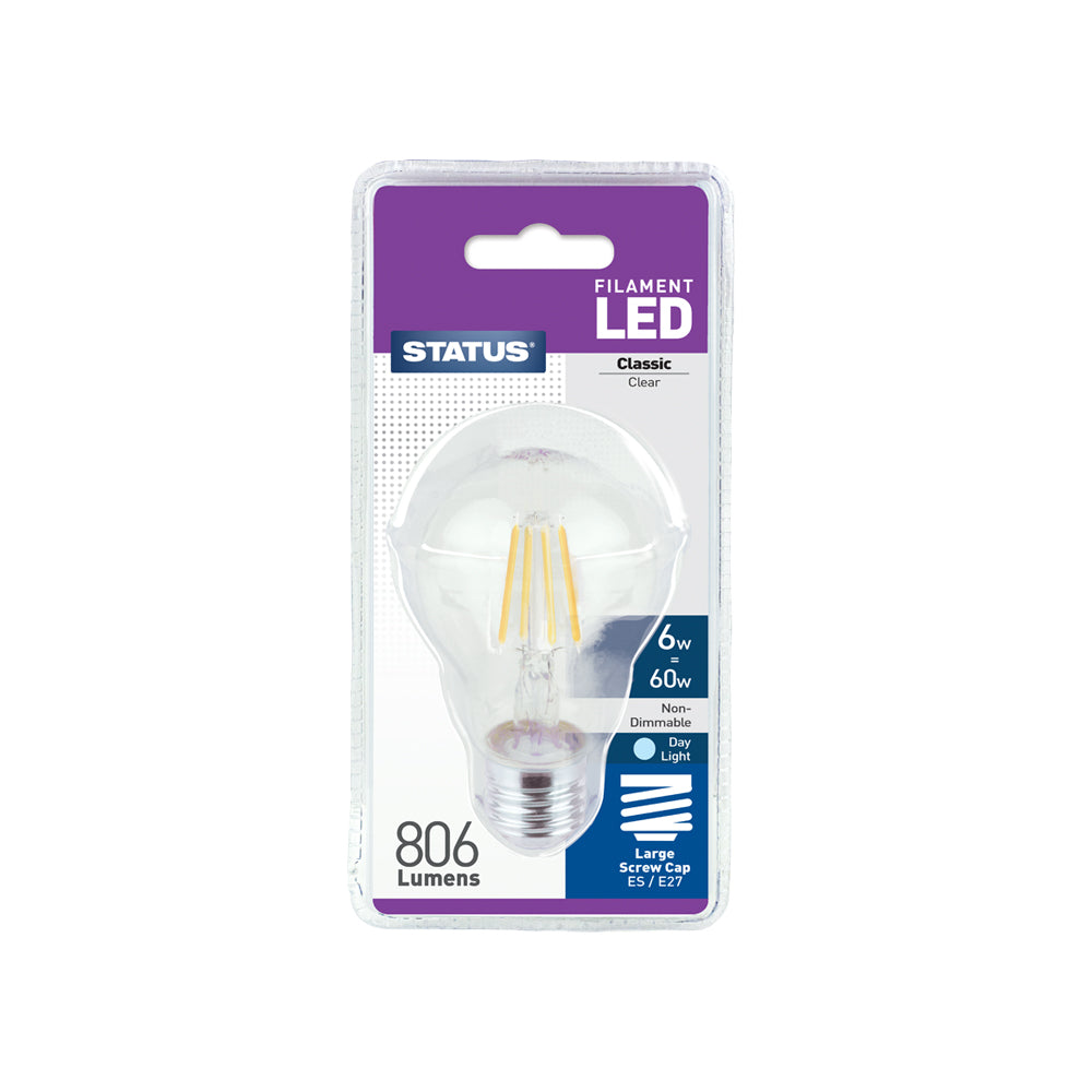6w = 60w = 806 lumens - Filament LED - A60 GLS - ES - Clear - Day Light - 1 pk