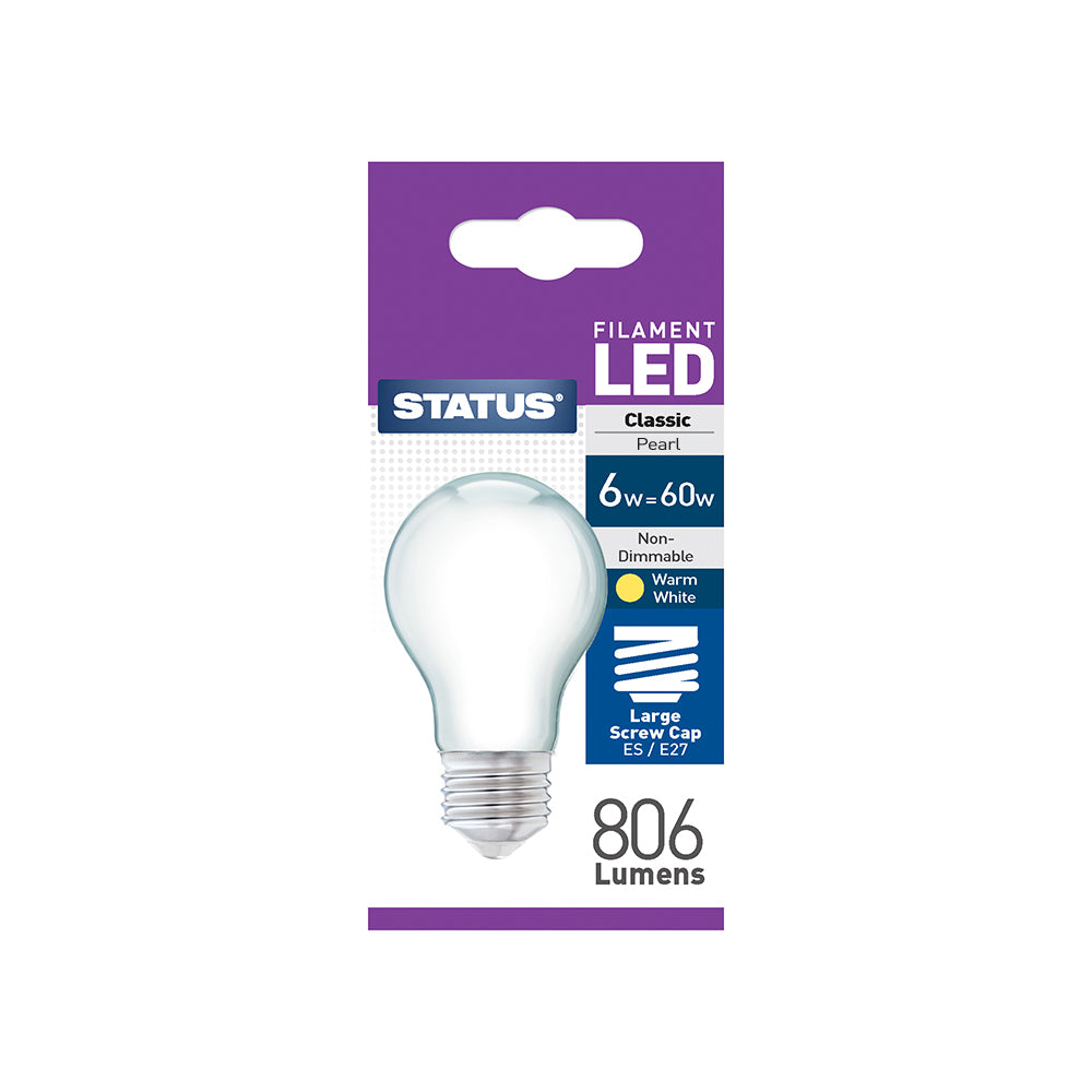 6w = 60w = 806 lumens - Filament LED - A60 GLS - ES - Pearl - Warm White - 1 pk box