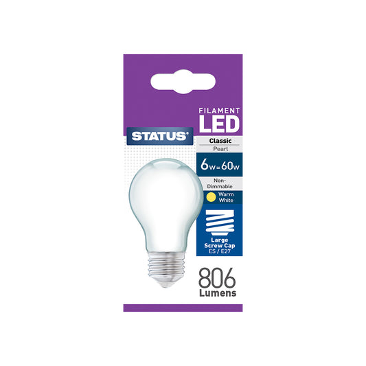 6w = 60w = 806 lumens - Filament LED - A60 GLS - ES - Pearl - Warm White - 1 pk box