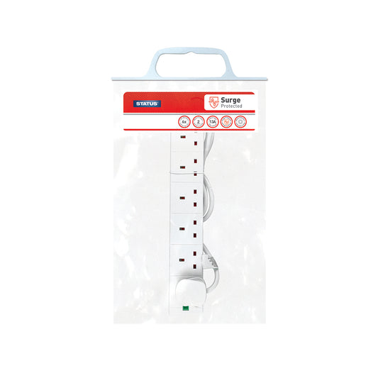 2 Mtr - Surge Protected - Extension Socket - White - Neon Indicator - Plug - 1 pk - in Poly Bag with Handle