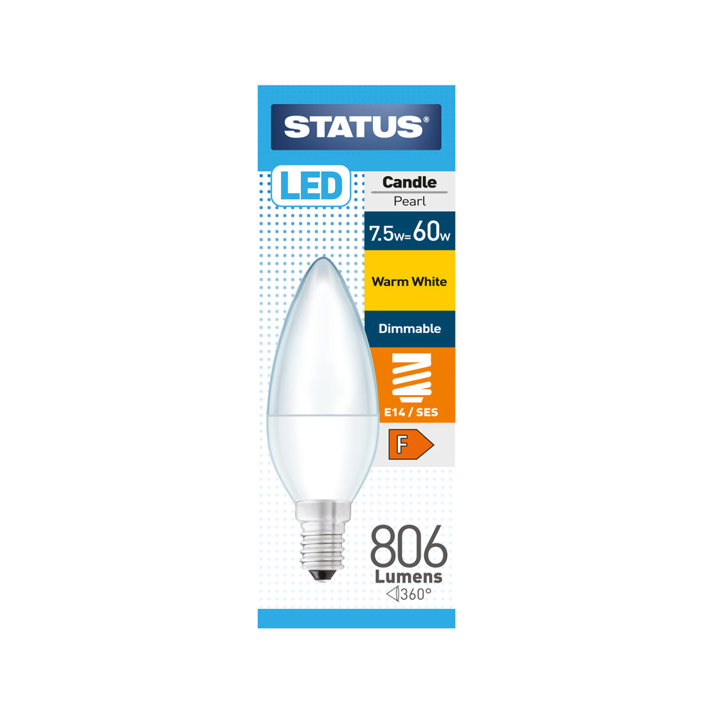 7.5w = 60w = 806 lumens - Status - Dimmable LED - Candle - E14 - PA - Pearl - Warm White - 1 pk box