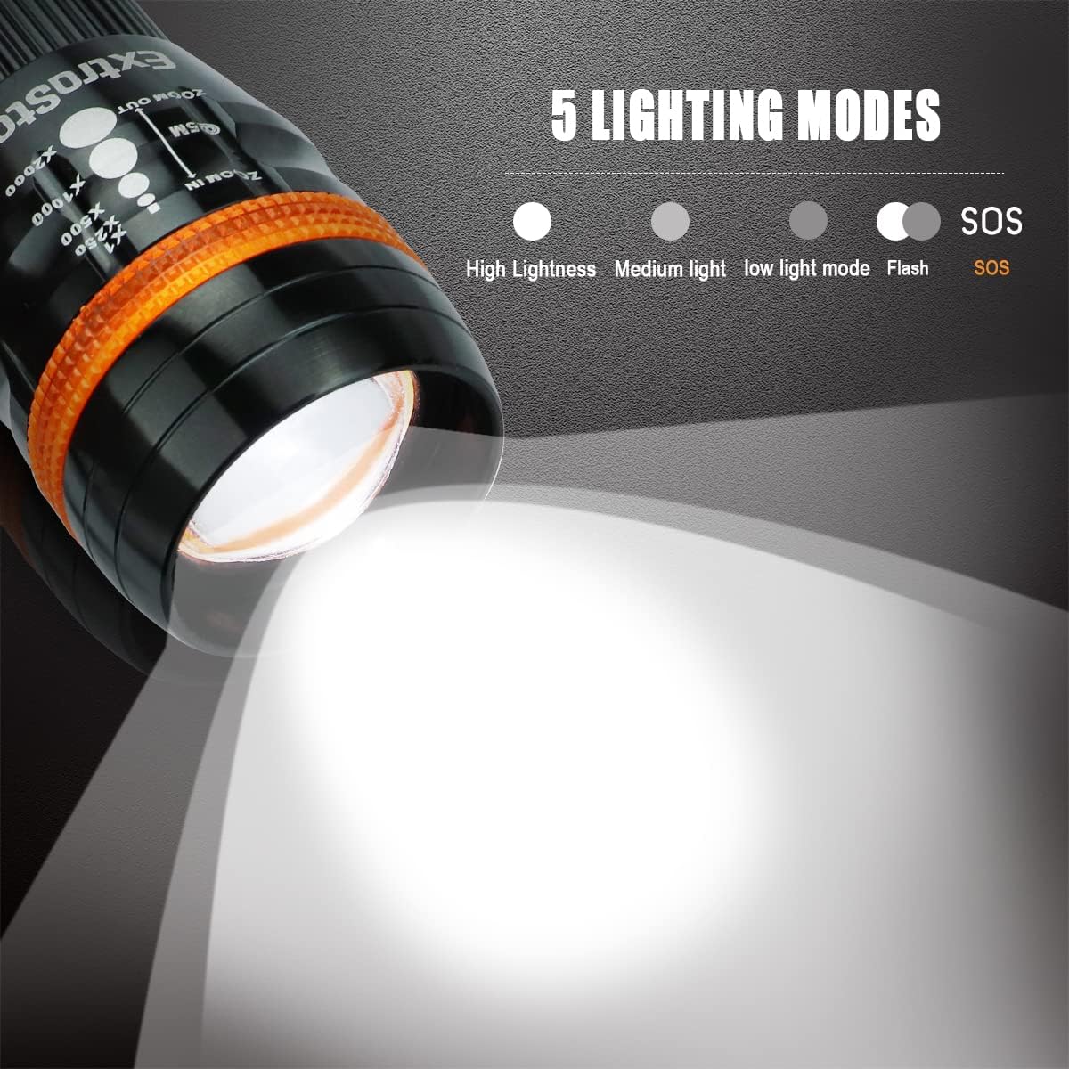 EXTRASTAR LED Torch, LED Handheld Flashlights Battery Powered 5 Lightning Modes, Pocket Size for Camping, Running, Hiking, Outdoor and Indoor