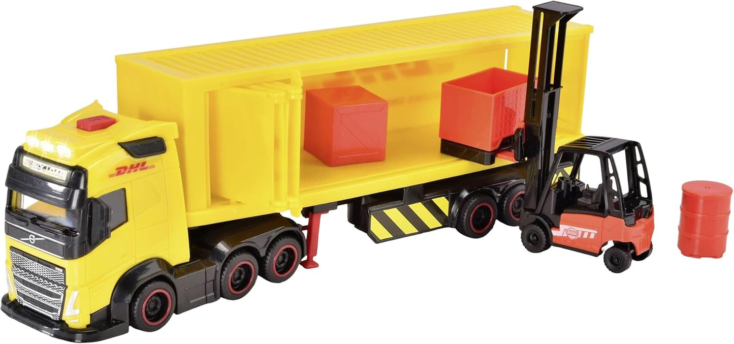 Dickie Toys - Volvo DHL Truck FH16 (35 cm) - Transporteur de colis et courrier pour enfants à partir de 3 ans, ensemble de jouets avec chariot élévateur, accessoires, lumière et son, piles incluses